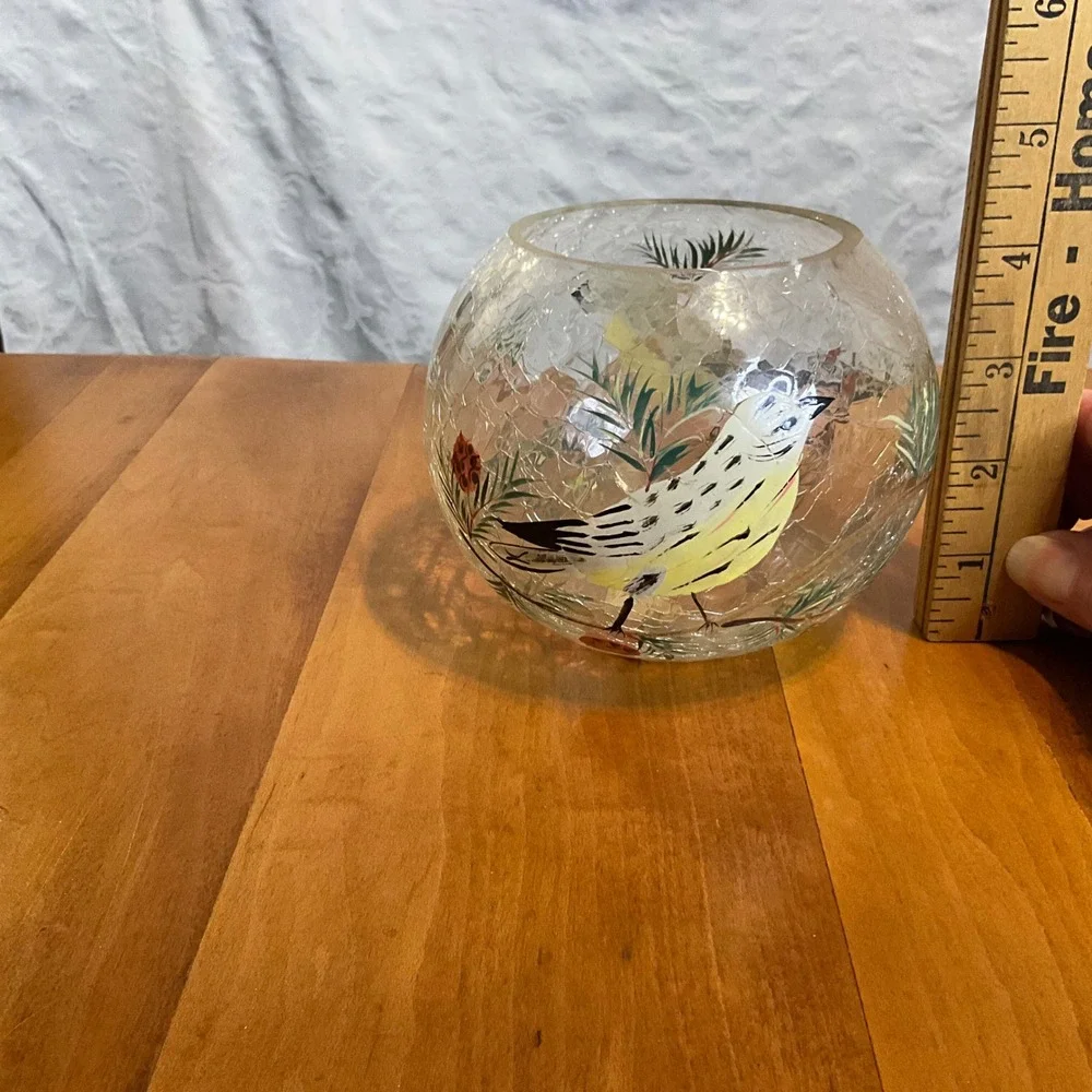 Fifth Avenue Crystal Hand Painted Crackle Glass Golden Finch‎ Candle Holder